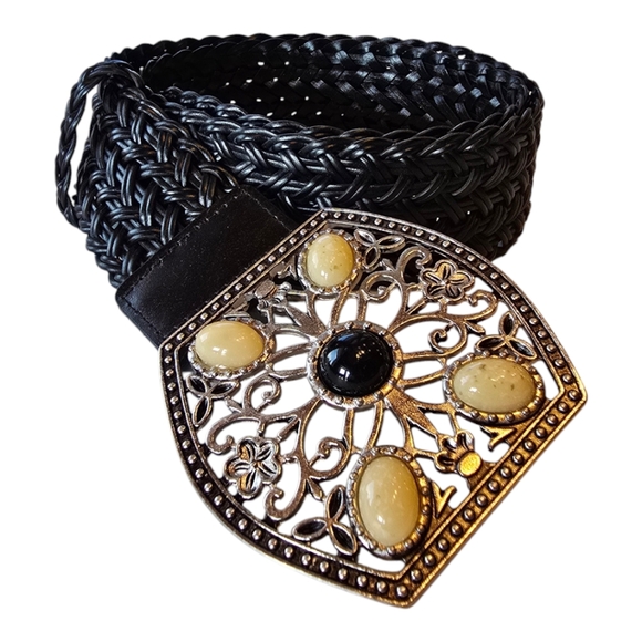 Chico's Accessories - Chico's Black Braided Faux Leather Belt Ornate Silver Filgree Buckle L
